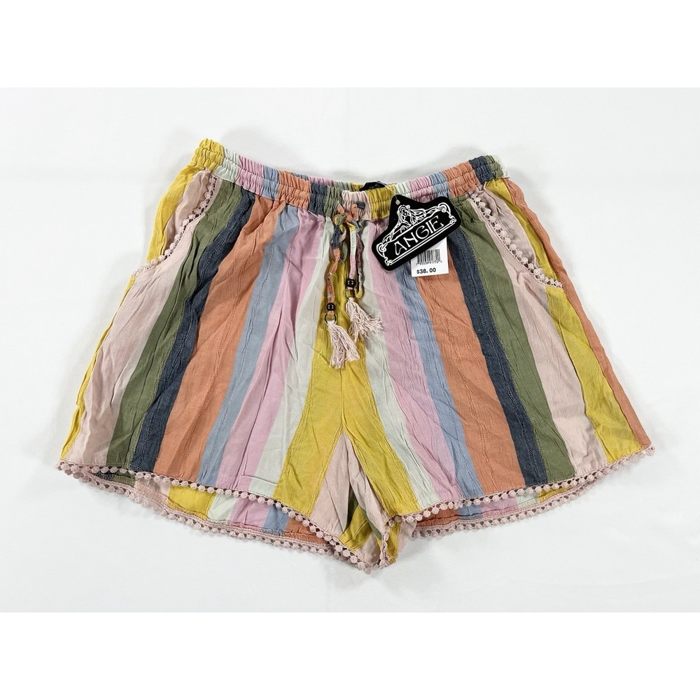 New Angie Boho Rainbow Striped Linen Look Shorts Pom Pom Trim Tassel Womens M